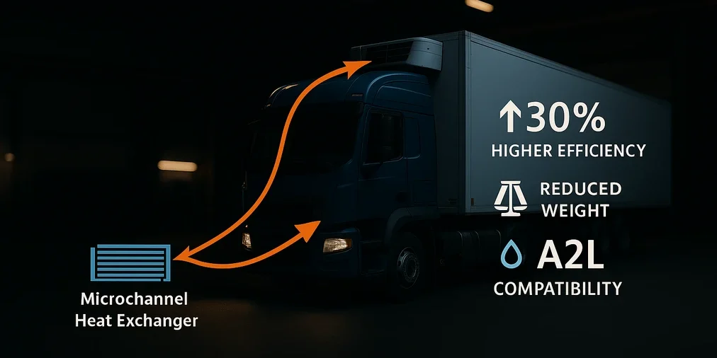 Designing the Ultimate Vehicle Cooling System 6 Vehicle cooling system diagram: arrows from microchannel heat exchanger to engine and rooftop unit, A2L-ready design.