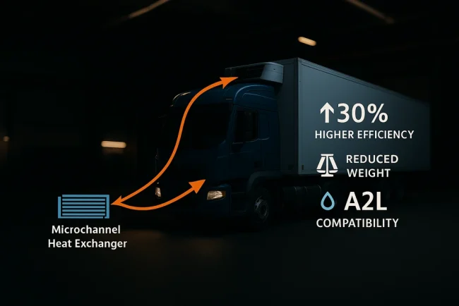 Vehicle cooling system diagram: arrows from microchannel heat exchanger to engine and rooftop unit, A2L-ready design.